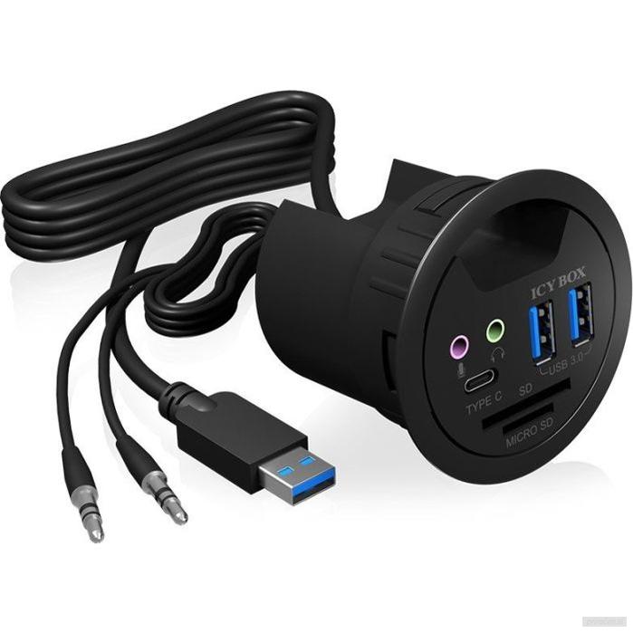 Icybox IB-HUB1404A 2x USB 3.0 hub, 1x USB-C, audio 3,5mm priključki in čitalnik kartic za vgradnjo v mizo-PRIROCEN.SI