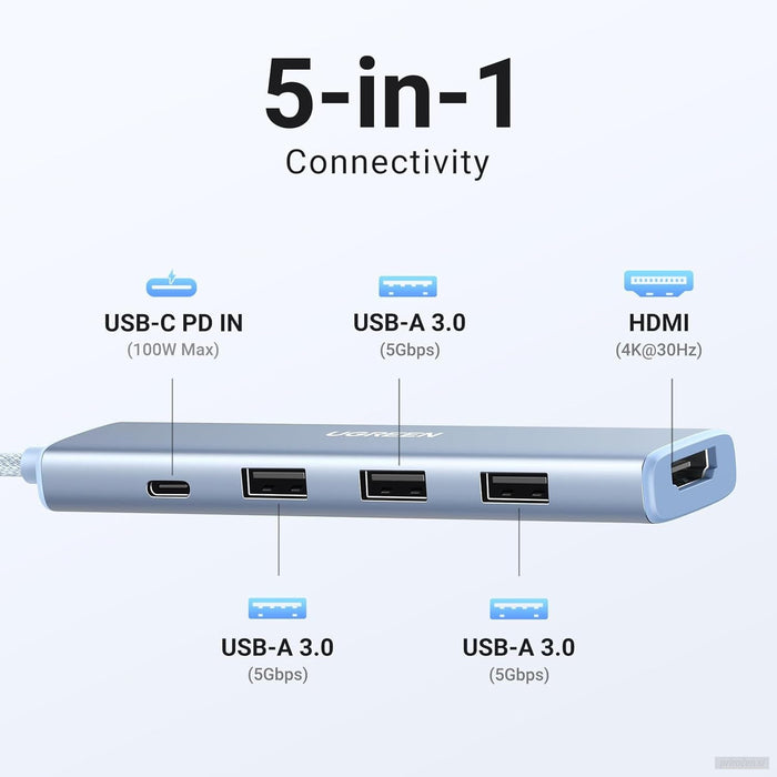 Ugreen Revodok USB-C Hub 5-v-1, 100W PD, modra-PRIROCEN.SI