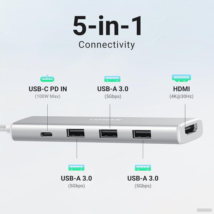 Ugreen Revodok USB-C Hub 5-v-1, 100W PD, bel-PRIROCEN.SI