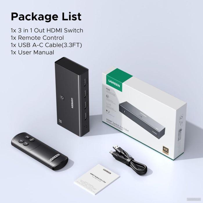 Ugreen HDMI stikalo 4K@60Hz, razdelilnik 3 v 1 s HDR+ podporo-PRIROCEN.SI