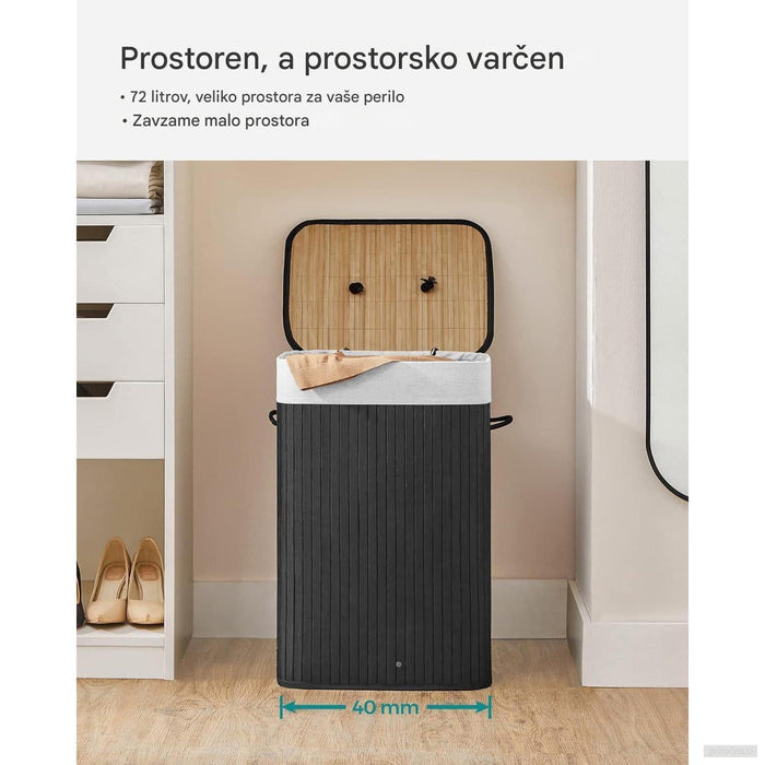 SONGMICS zložljiva bambusova košara za perilo s pokrovom – črna, 72 L-PRIROCEN.SI