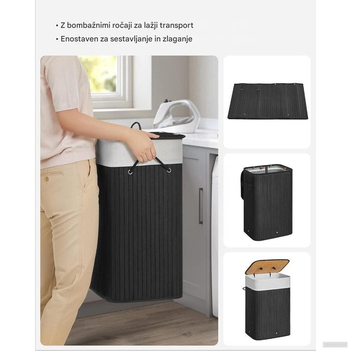 SONGMICS zložljiva bambusova košara za perilo s pokrovom – črna, 72 L-PRIROCEN.SI
