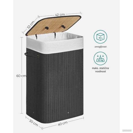 SONGMICS zložljiva bambusova košara za perilo s pokrovom – črna, 72 L-PRIROCEN.SI