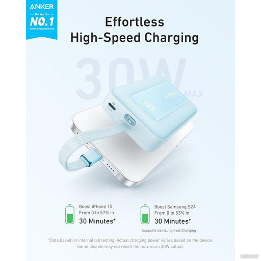 Anker Zolo Powerbank 10000 mAh, 30W z vgrajenim kablom USB-C, moder-PRIROCEN.SI