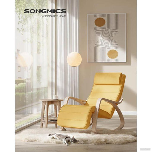 SONGMICS pomirjujoč leseni gugalni stol z nastavljivim podnožjem rumen-PRIROCEN.SI