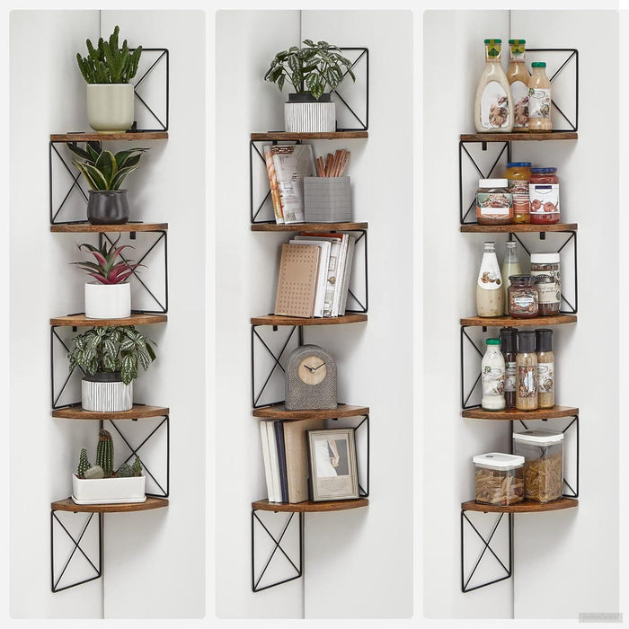 VASAGLE stenska kotna plavajoča 5-nadstropna polica, rustikalno rjava-PRIROCEN.SI