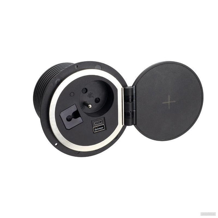 Potopna vtičnica SAMBOBOX 1x230V + 1xUSB-A + 1xUSB-C + Qi, Ø80mm-PRIROCEN.SI