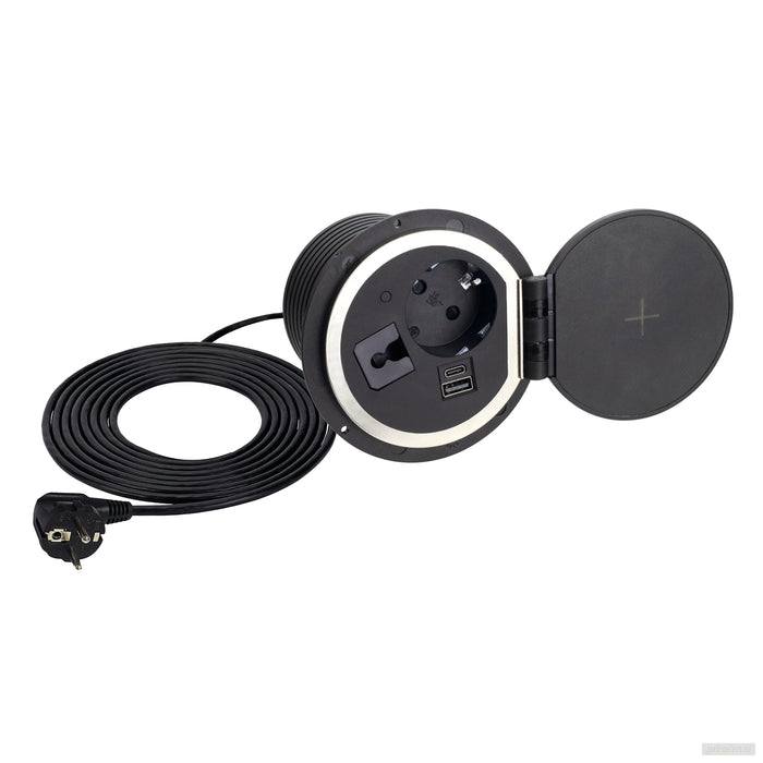 Potopna vtičnica SAMBOBOX 1x230V + 1xUSB-A + 1xUSB-C + Qi, Ø80mm-PRIROCEN.SI