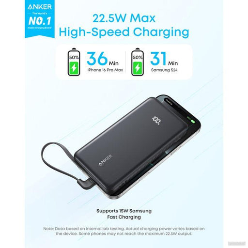 Anker Zolo Powerbank 10000 mAh, 22,5W z vgrajenim USB-C kablom, bel-PRIROCEN.SI