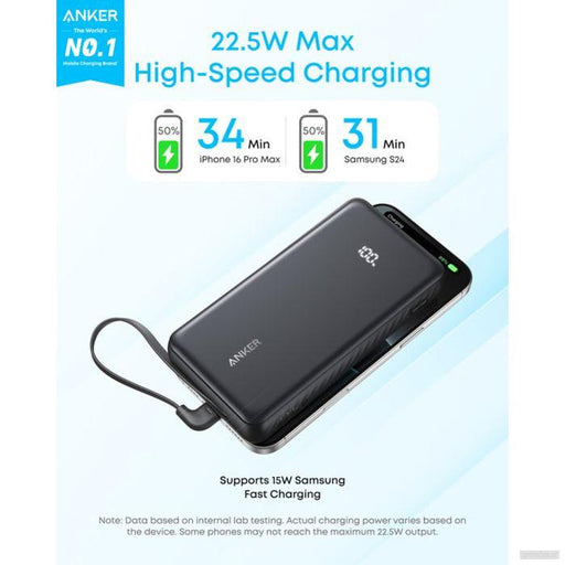Anker Zolo Powerbank 20000 mAh, 22,5W z vgrajenim USB-C kablom, bel-PRIROCEN.SI