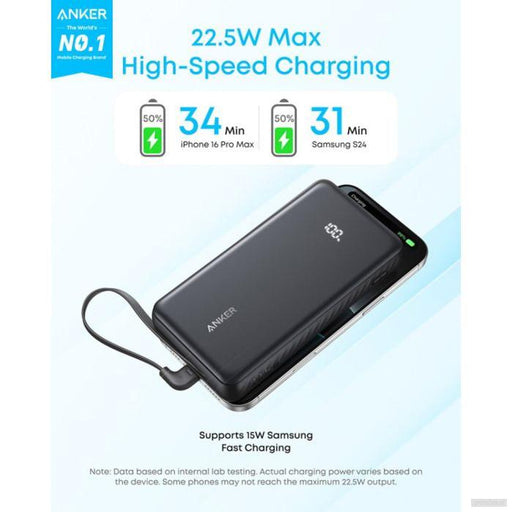 Anker Zolo Powerbank 20000 mAh, 22,5W z vgrajenim USB-C kablom, črn-PRIROCEN.SI