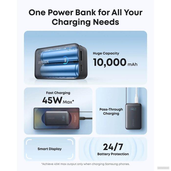 Anker Nano Power Bank 10000 mAh, 45W z vgrajenim USB-C kablom, črn-PRIROCEN.SI