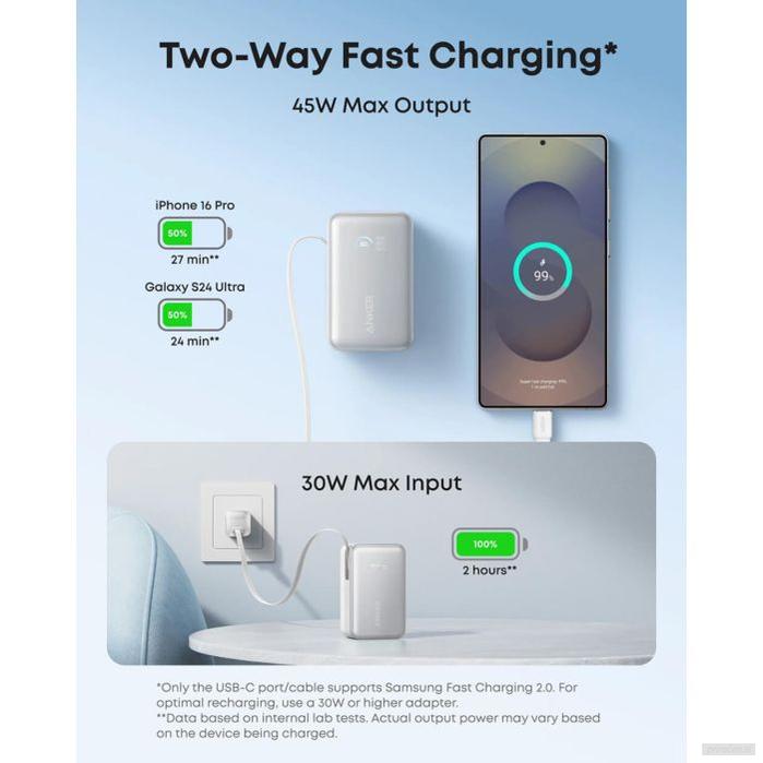 Anker Nano Power Bank 10000 mAh, 45W z vgrajenim USB-C kablom, bel-PRIROCEN.SI