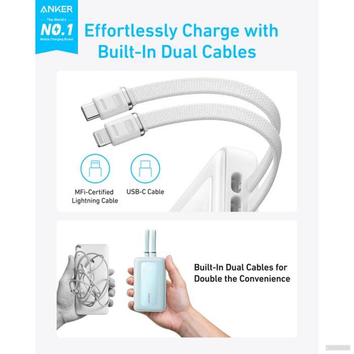 Anker Zolo Powerbank 10000 mAh, 30W z vgrajenima kabloma USB-C + Lightning, bel-PRIROCEN.SI