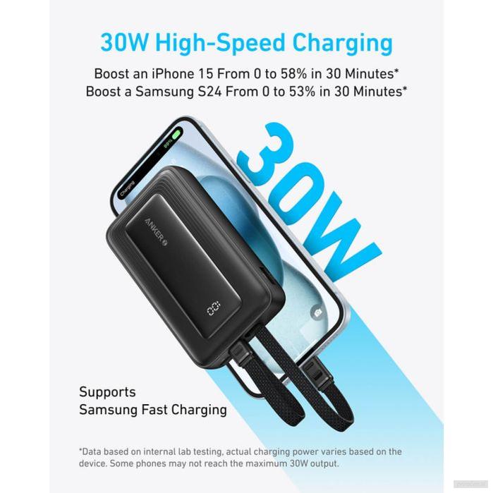 Anker Zolo Powerbank 10000 mAh, 30W z vgrajenima kabloma USB-C + Lightning, bel-PRIROCEN.SI