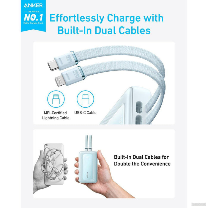 Anker Zolo Powerbank 10000 mAh, 30W z vgrajenima kabloma USB-C + Lightning, moder-PRIROCEN.SI