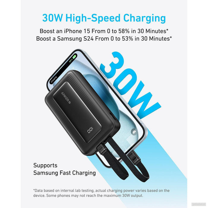 Anker Zolo Powerbank 10000 mAh, 30W z vgrajenima kabloma USB-C + Lightning, moder-PRIROCEN.SI