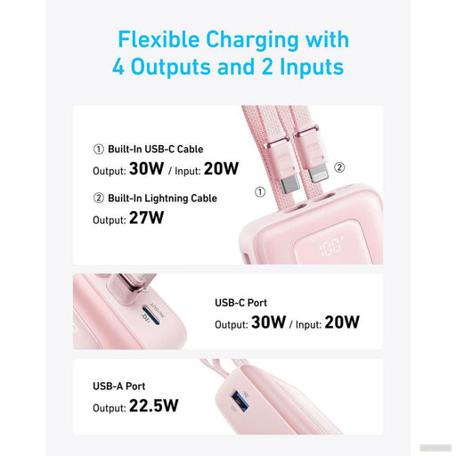 Anker Zolo Powerbank 20000 mAh, 30W z vgrajenima kabloma USB-C + Lightning, moder-PRIROCEN.SI