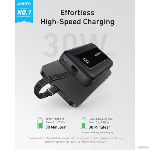 Anker Zolo Powerbank 10000 mAh, 30W z vgrajenim kablom USB-C, črn-PRIROCEN.SI