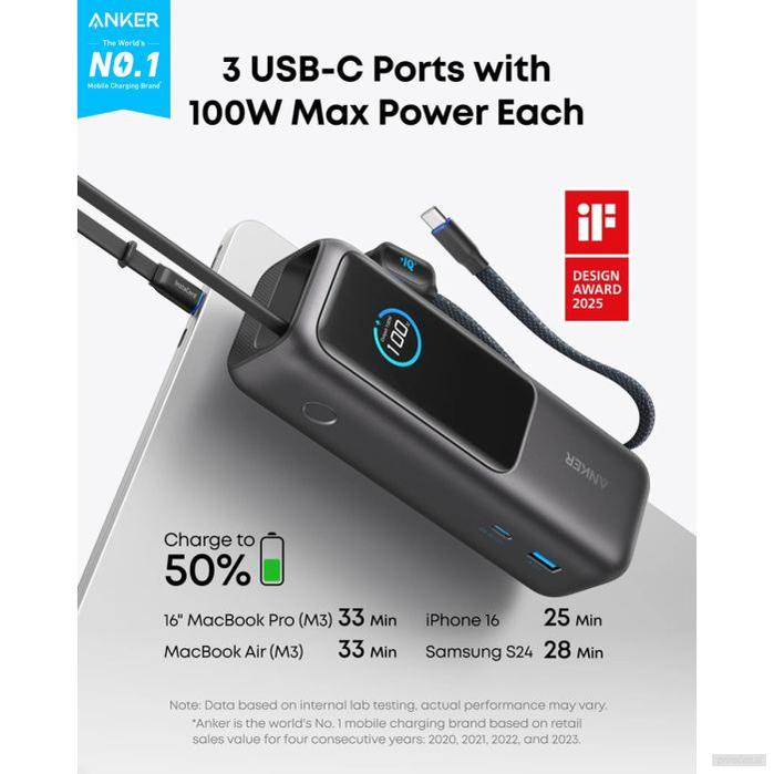 Anker Powerbank 25000 mAh z vgrajenim kablom USB-C, 165W, črn-PRIROCEN.SI