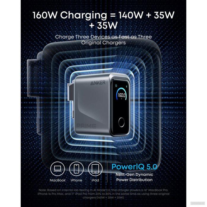 Anker Prime 160 W GaN 3-portni polnilec, smart display, črn-PRIROCEN.SI