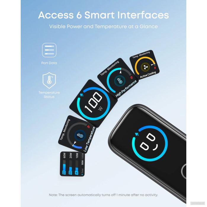 Anker 100W GaN Smart Display 3-portni polnilec, temno siv-PRIROCEN.SI