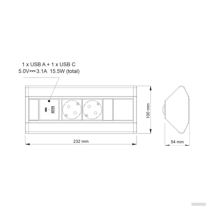 Namizna vtičnica 2x 230V + 1x USB-A + 1x USB-C, črna-PRIROCEN.SI