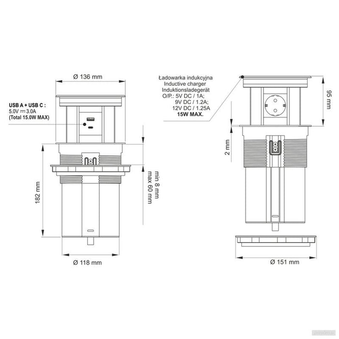Potopna vtičnica LUMI BOX 3x220V 2xUSB (A+C) 1xQi (brezžično polnjenje)-PRIROCEN.SI