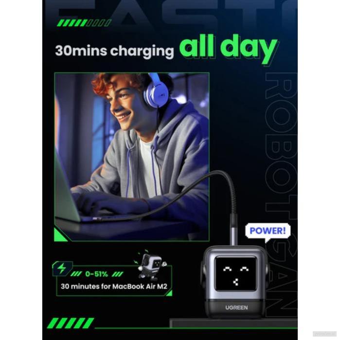 Ugreen Nexode Robot GaN 65W Polnilnik - Siva-PRIROCEN.SI