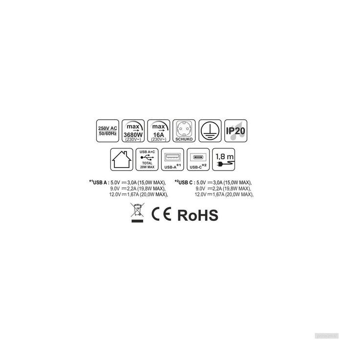 Kotna vtičnica OFFICEBOX 3x220V 2xUSB (A+C), črna-PRIROCEN.SI