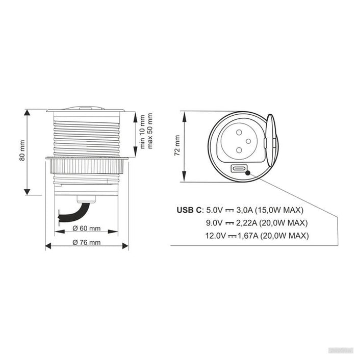 Vgradna vtičnica 1x 230V + 1x USB-C, črna-PRIROCEN.SI
