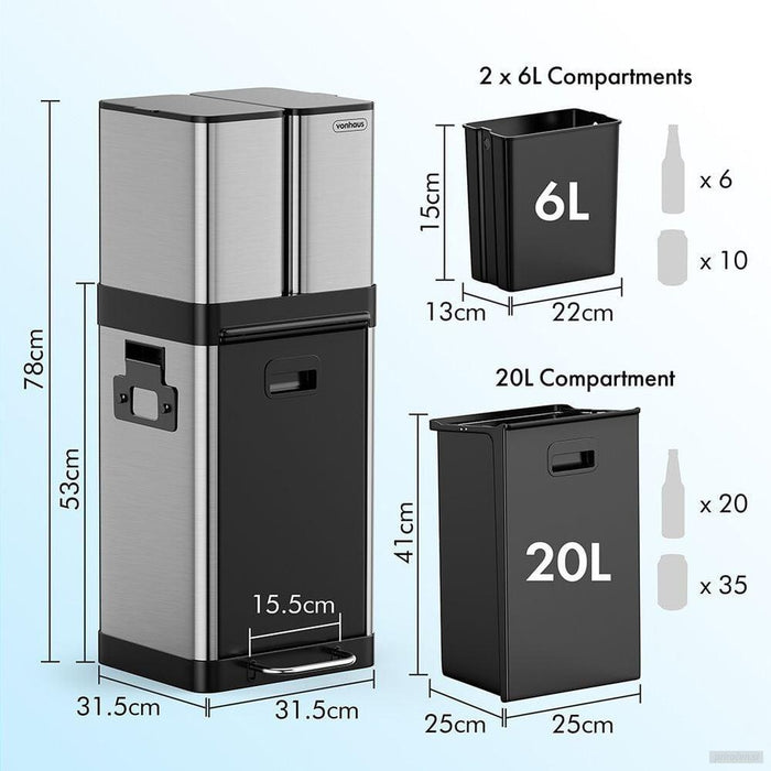 VonHaus trojni koš za odpadke iz nerjavečega jekla 32L-PRIROCEN.SI