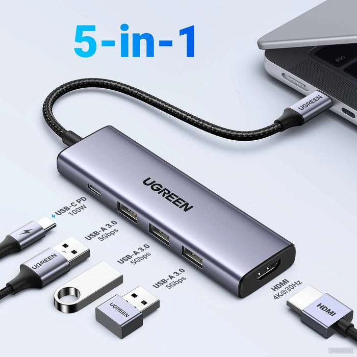 Ugreen 5-v-1 USB-C Hub (100 W PD, 4K@30Hz HDMI)-PRIROCEN.SI
