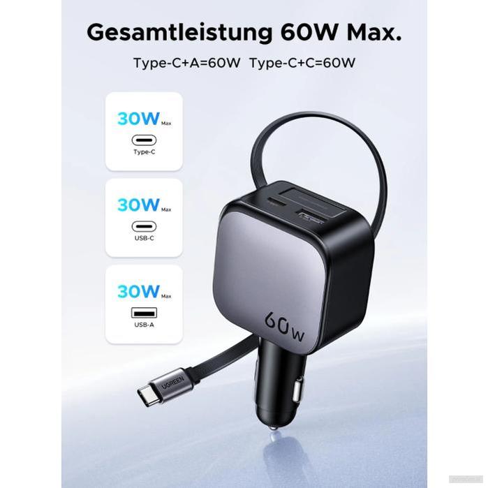 Ugreen 60W avtopolnilec z vgrajenim USB-C kablom-PRIROCEN.SI