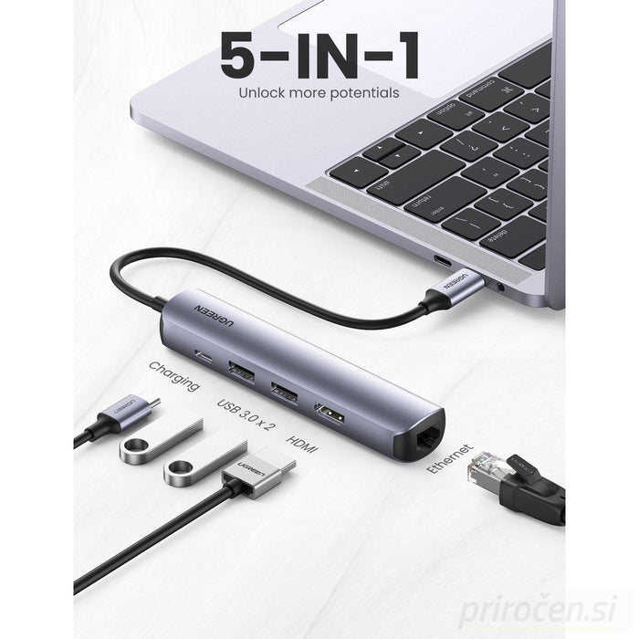 UGREEN 5v1 USB-C Hub, USB 3.0 A+HDMI+RJ45+PD-PRIROCEN.SI