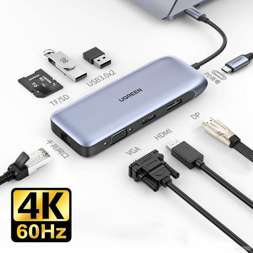 Ugreen USB-C Hub 9v1 4K HDMI, 4K DP, VGA, RJ45, 2xUSB 3.2, MicroSD-PRIROCEN.SI