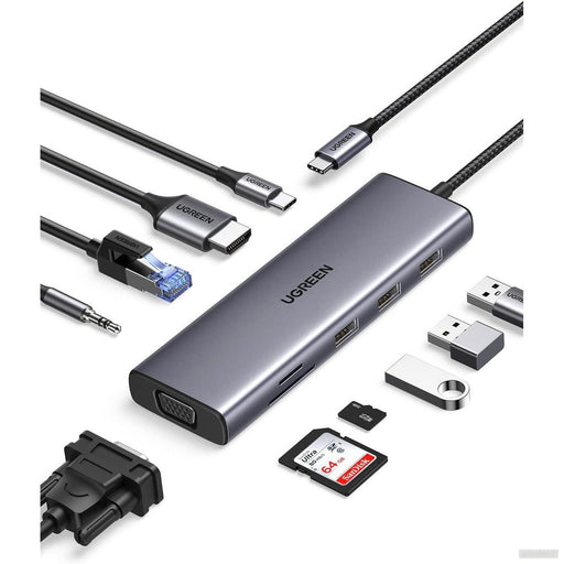 UGREEN USB C Hub, 10-v-1 USB-C z dvojnim izhodom za zaslon 4K HDMI & VGA, 100W PD-PRIROCEN.SI