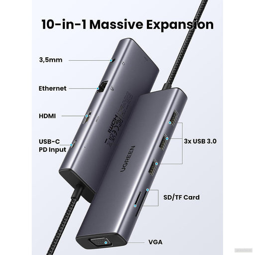 UGREEN USB C Hub, 10-v-1 USB-C z dvojnim izhodom za zaslon 4K HDMI & VGA, 100W PD-PRIROCEN.SI