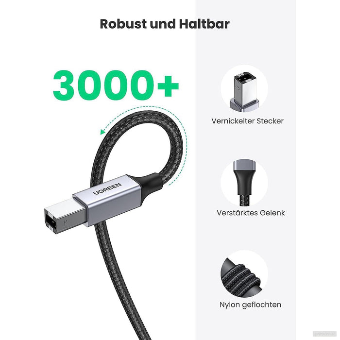 Ugreen tiskalniški kabel USB 2.0 tipa B USB kabel USB A v USB B združljiv s HP, Canon, Epson, Lexmark, Dell, Brother (3 m)-PRIROCEN.SI