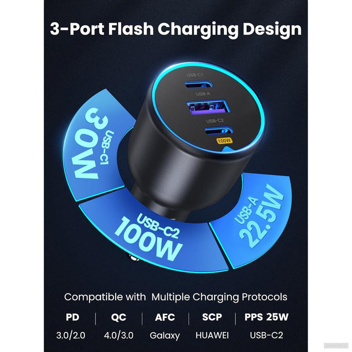 Ugreen 130W USB C avtomobilski polnilec, 3-portni avtomobilski polnilec PD3.0/QC4.0/PPS in LED lučko, združljiv z MacBook, iPad, iPhone 15 Pro Max, Galaxy...-PRIROCEN.SI