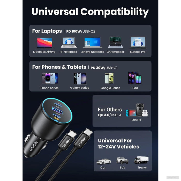 Ugreen 130W USB C avtomobilski polnilec, 3-portni avtomobilski polnilec PD3.0/QC4.0/PPS in LED lučko, združljiv z MacBook, iPad, iPhone 15 Pro Max, Galaxy...-PRIROCEN.SI