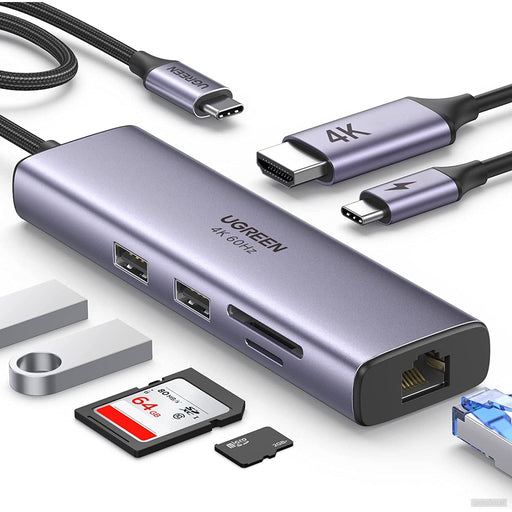 Ugreen 7v1 USB-C HUB HDMI+RJ45+čitalec kartic+USB+PD 100W-PRIROCEN.SI