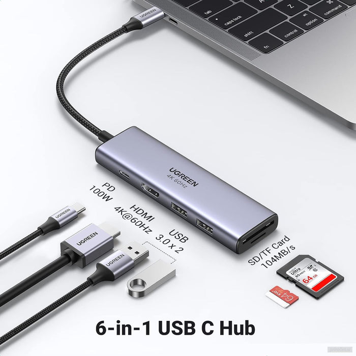 Ugreen 6v1 USB-C HUB 4K HDMI+čitalec kartic+2xUSB+PD 100W-PRIROCEN.SI