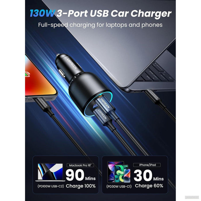 Ugreen 130W USB C avtomobilski polnilec, 3-portni avtomobilski polnilec PD3.0/QC4.0/PPS in LED lučko, združljiv z MacBook, iPad, iPhone 15 Pro Max, Galaxy...-PRIROCEN.SI