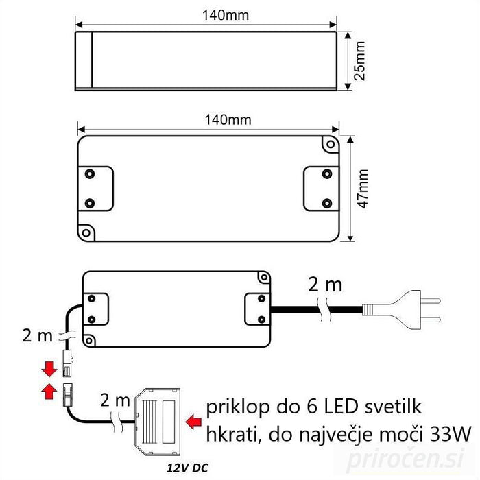 LED napajalnik 12V z vtikačem in razdelilcem 7W/16W/33W-PRIROCEN.SI