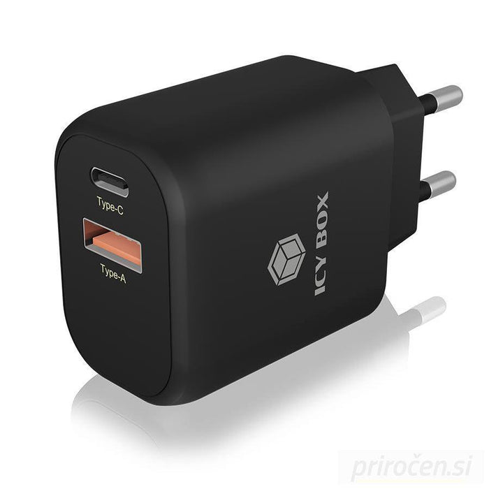 Icybox 2portni USB Quick Charge 3.0 hitri polnilnik, 1xUSB-C, 1xUSB-A-PRIROCEN.SI